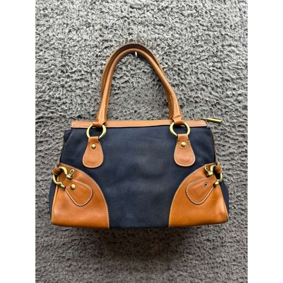 Vintage Burberry London Women' s Canvas Leather Trim Top Handle Bag Navy Blue - Picture 1 of 16